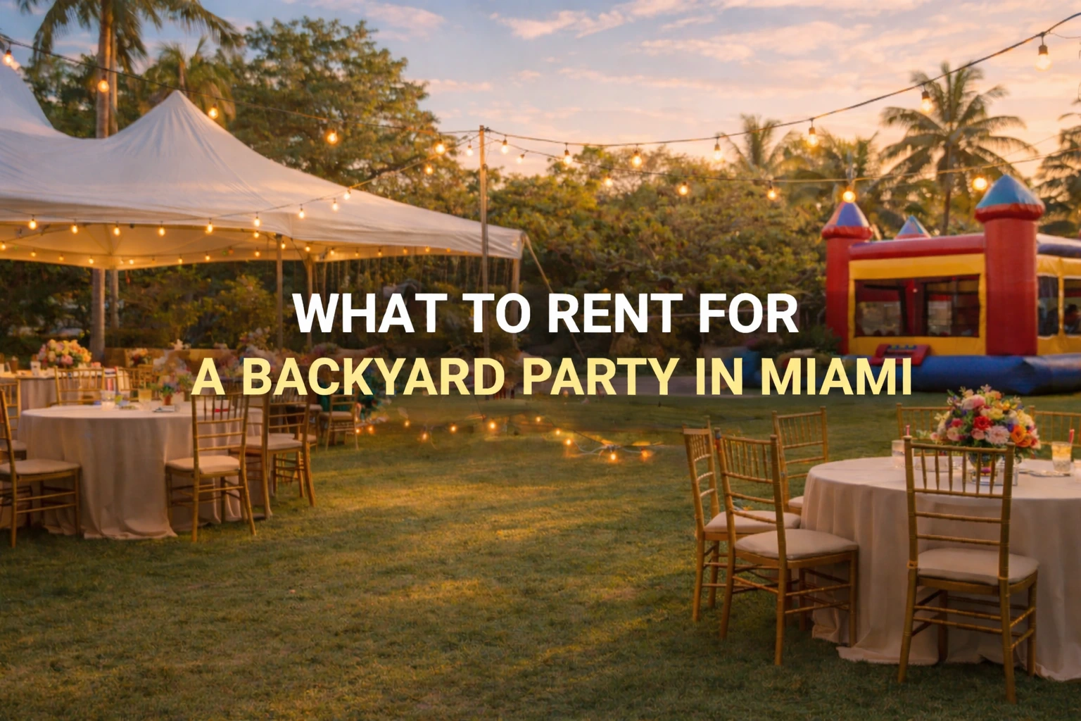 Backyard party setup in Miami with a white event tent, string lights, round tables with chairs, and a colorful inflatable bounce house on a grassy lawn.