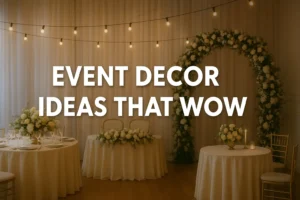Beautiful event decor with floral arrangements, string lights, and elegant table settings perfect for weddings or special events.