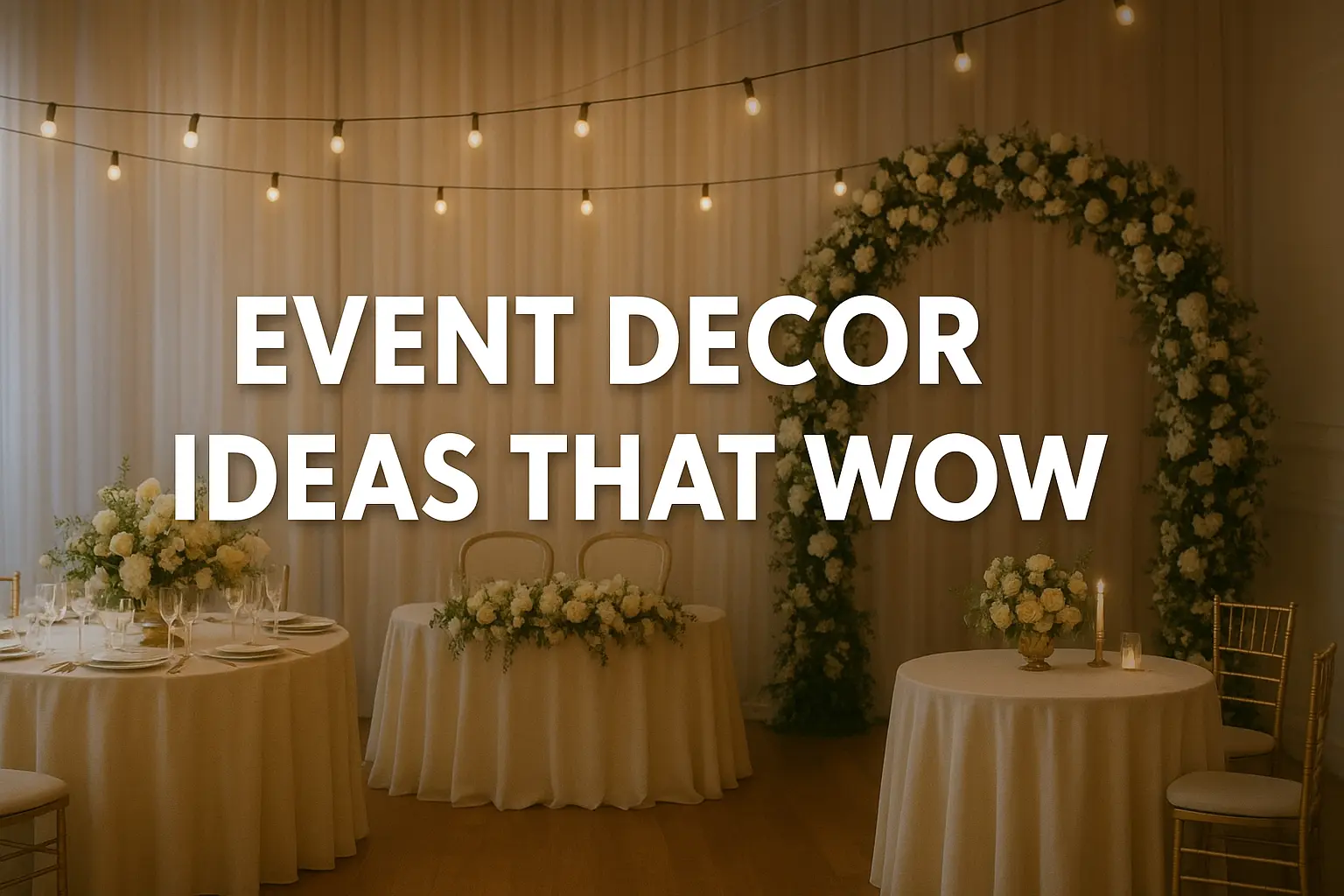 Beautiful event decor with floral arrangements, string lights, and elegant table settings perfect for weddings or special events.