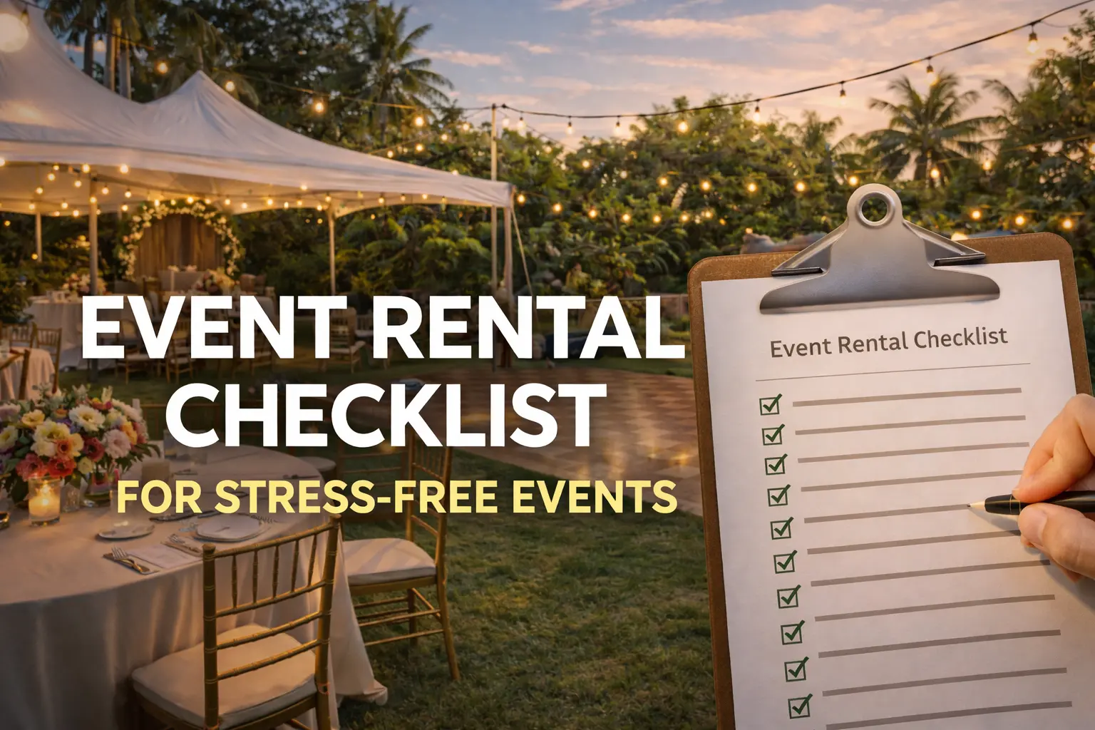 A clipboard with a checklist titled "Event Rental Checklist" is being held by a hand, with several items checked off. In the background, an outdoor event setup with tables, chairs, flowers, and string lights under a tent is visible, creating a beautiful, stress-free atmosphere.