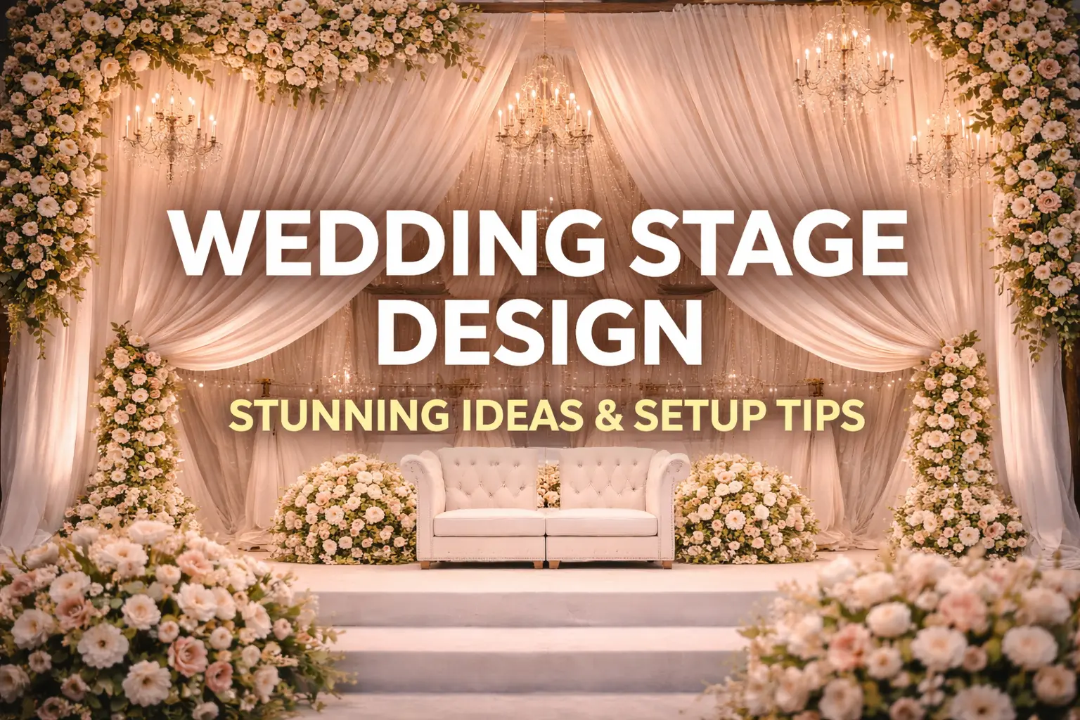 Luxurious wedding stage decoration featuring soft beige drapery canopy, cascading white and blush pink roses, sparkling crystal chandeliers, and a classic white tufted loveseat centerpiece surrounded by lush floral arrangements