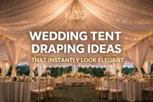 A beautifully decorated wedding tent with draped fabric, string lights, and a chandelier, creating an elegant atmosphere for the reception.