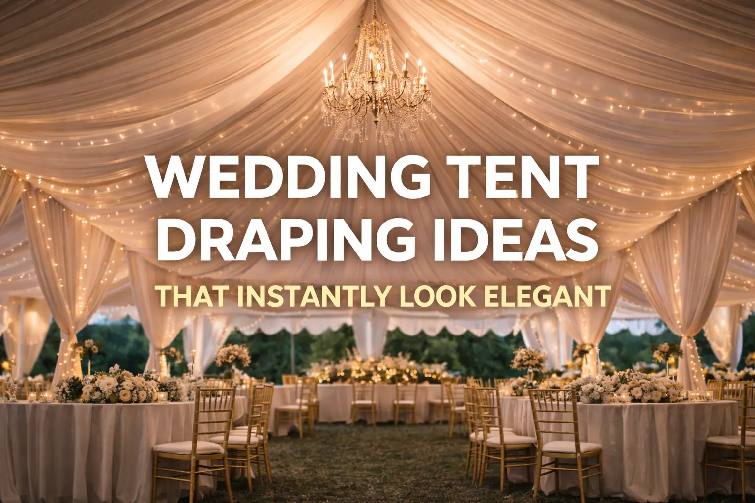 A beautifully decorated wedding tent with draped fabric, string lights, and a chandelier, creating an elegant atmosphere for the reception.