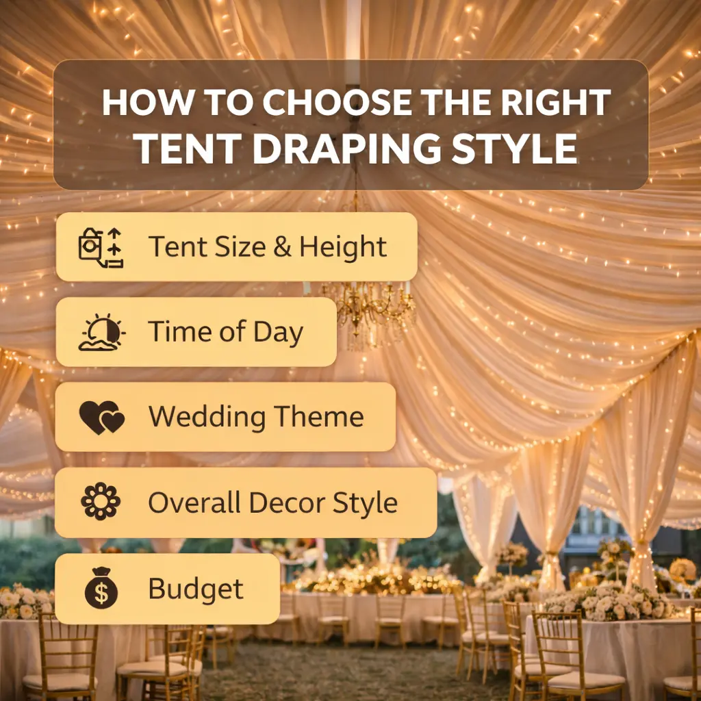 A guide on how to choose the right tent draping style for weddings, considering tent size, time of day, wedding theme, decor style, and budget, with an image of a decorated tent.