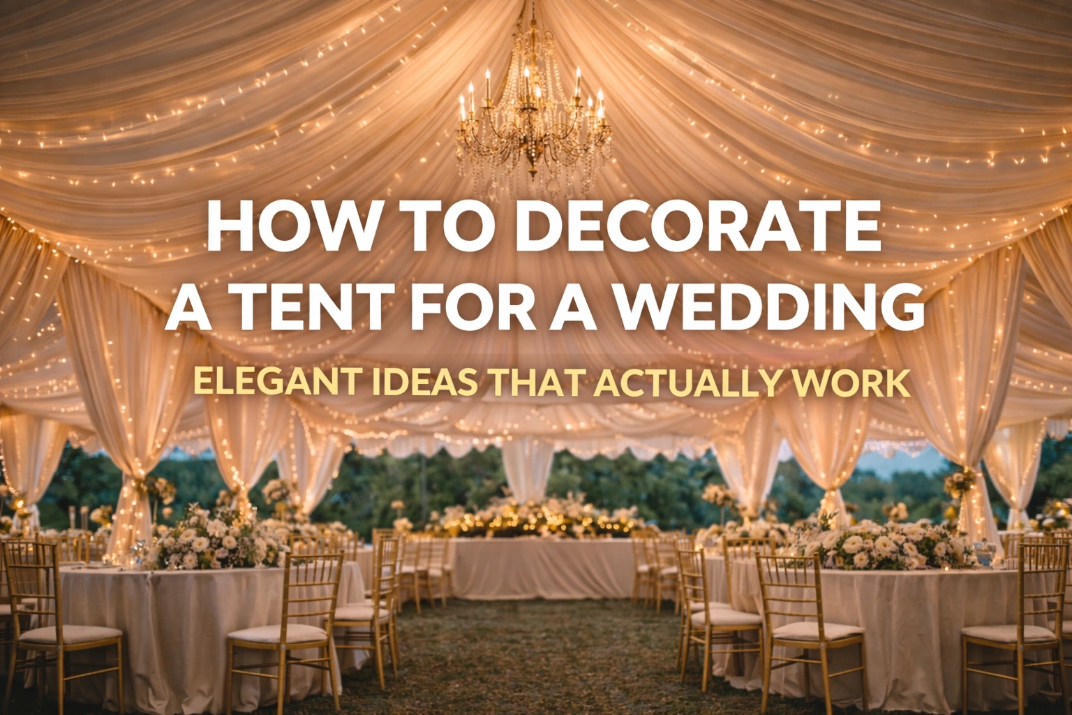 A beautifully decorated wedding tent with soft draping, fairy lights, and floral centerpieces on the tables, creating an elegant atmosphere for the celebration.