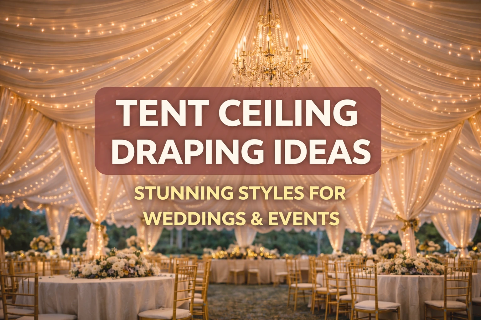 Elegant tent ceiling draping with twinkling lights and a chandelier, creating a beautiful ambiance for a wedding or event setting.