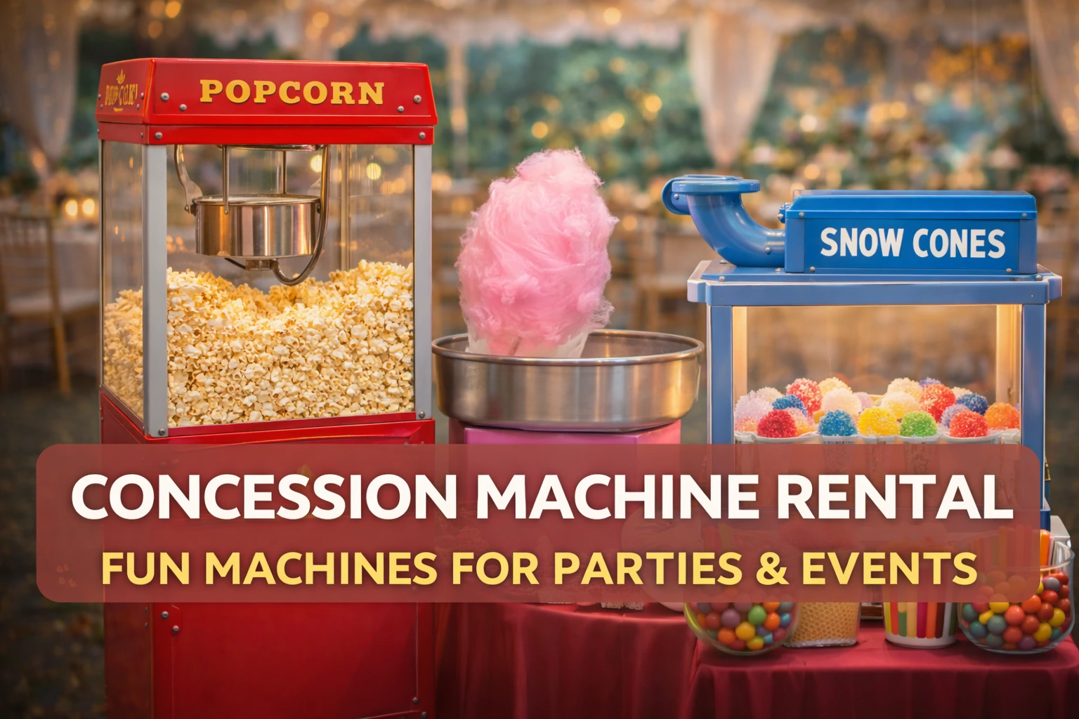 A vibrant photo featuring three classic concession machines: a popcorn machine, a cotton candy machine, and a snow cone machine. These fun machines are perfect for parties and events, offering a nostalgic touch to any celebration.