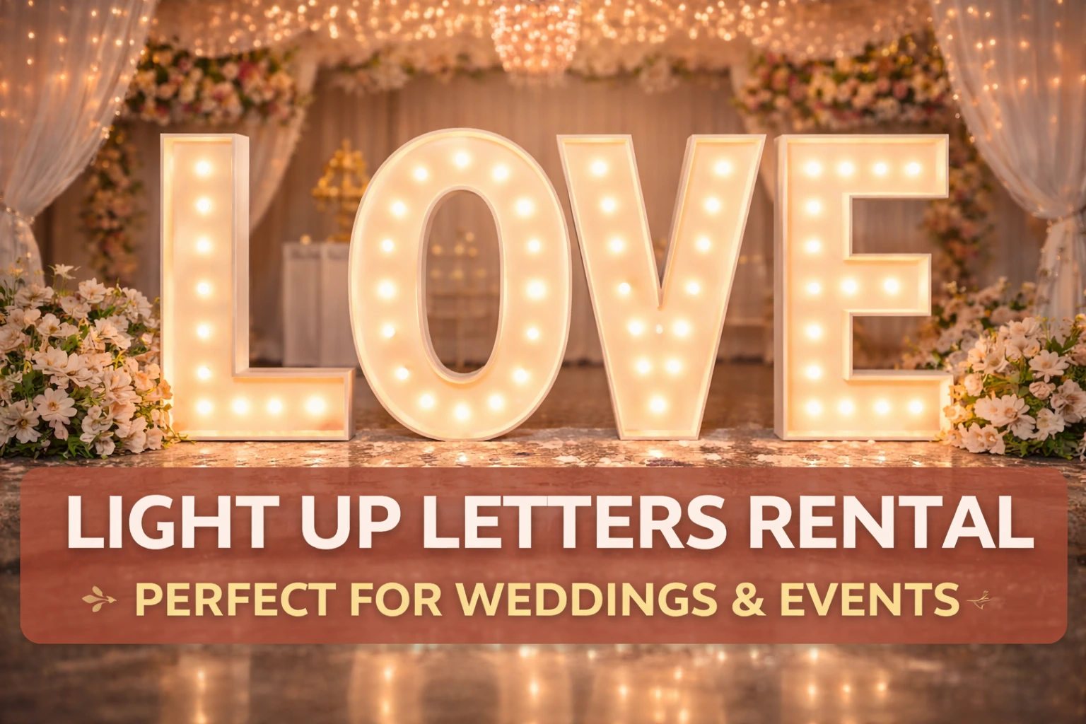 A beautiful display of illuminated "LOVE" letters, perfect for weddings and events. The letters are surrounded by flowers, adding a touch of elegance to the setup, with a warm glow highlighting the event's atmosphere.
