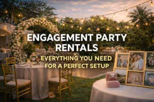 A beautifully set engagement party with floral decorations, romantic lighting, and personal photos, showcasing elegant rental options for a perfect event setup.