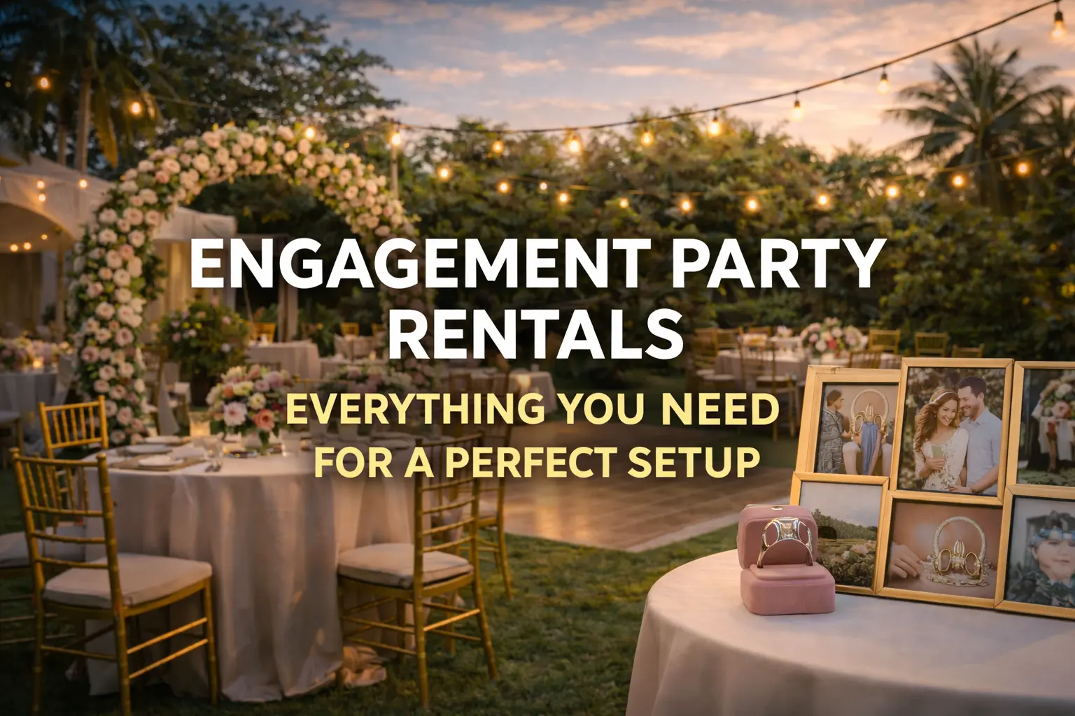 A beautifully set engagement party with floral decorations, romantic lighting, and personal photos, showcasing elegant rental options for a perfect event setup.
