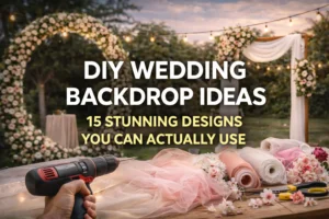 A creative DIY wedding backdrop setup, featuring floral arches and fabric rolls with tools, illustrating unique ideas for a personalized wedding backdrop.