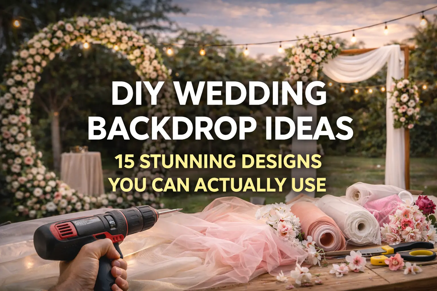 A creative DIY wedding backdrop setup, featuring floral arches and fabric rolls with tools, illustrating unique ideas for a personalized wedding backdrop.