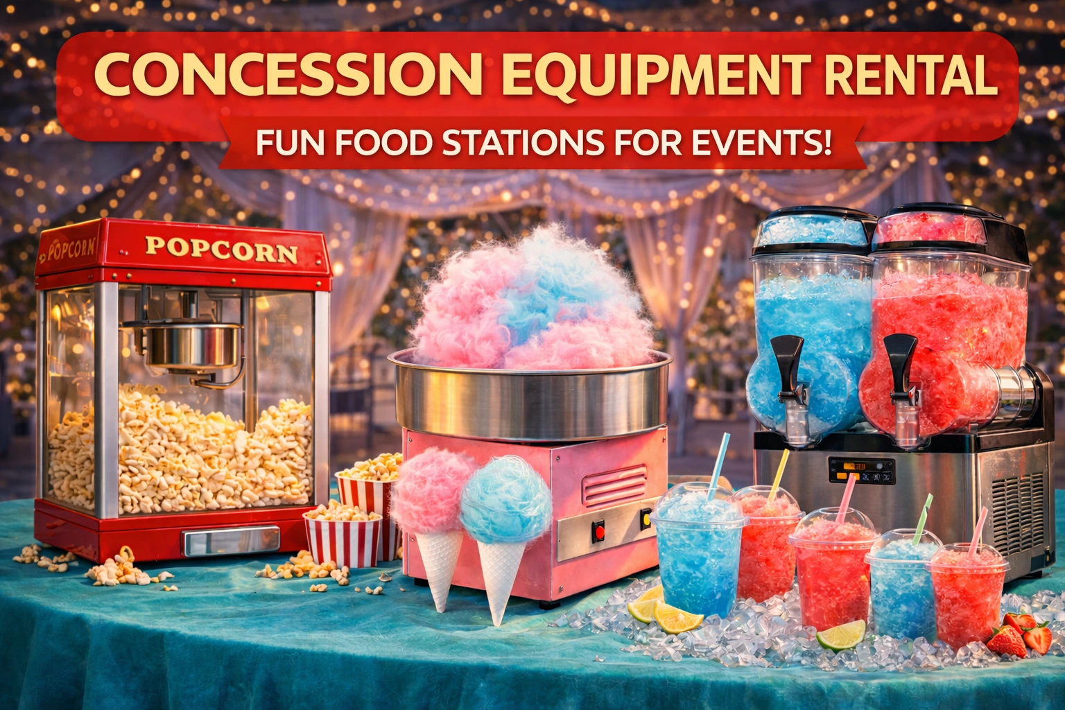 A colorful concession setup featuring a popcorn machine, cotton candy spinner with pink and blue cotton candy, and dual slush machines filled with red and blue slush. Displayed on a teal table with popcorn, cotton candy cones, and slush cups, with festive event lights in the background.