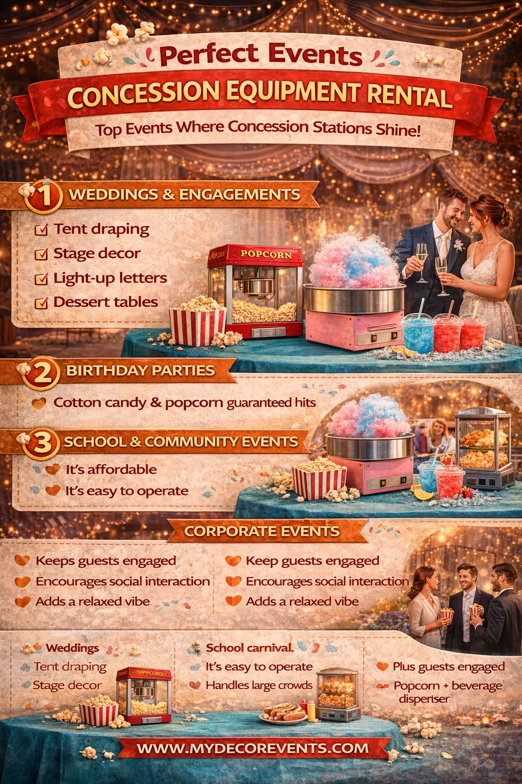 An infographic promoting concession equipment rental for events, showing popcorn, cotton candy, and slush machines along with event categories such as weddings, birthday parties, school events, and corporate gatherings. The background includes elegant event décor and images of people enjoying concessions.