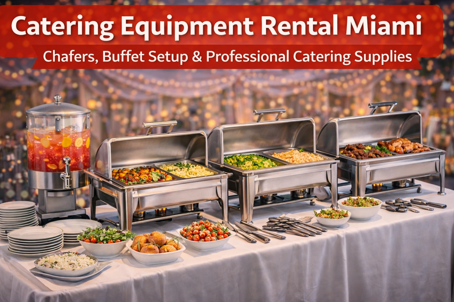 A promotional image showcasing a buffet setup with chafers, salad bowls, and plates. It highlights catering equipment rental services in Miami, with a focus on chafers and professional catering supplies.