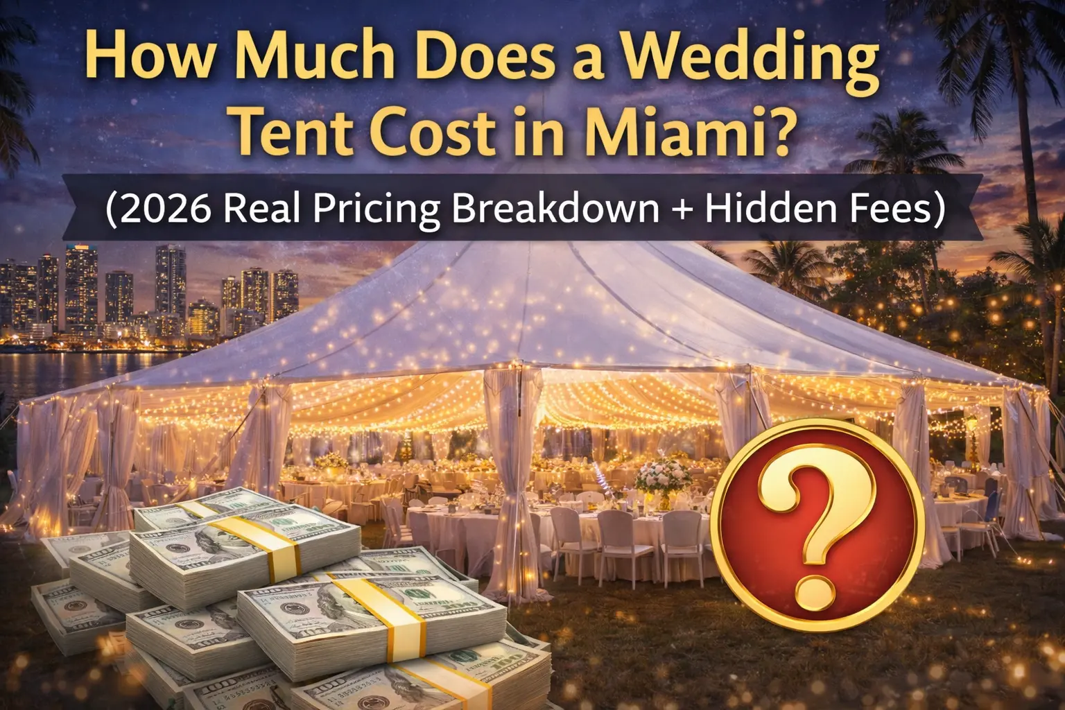 A beautiful wedding tent setup in Miami, with stacks of money, highlighting the cost breakdown and hidden fees for wedding tent rentals in 2026.