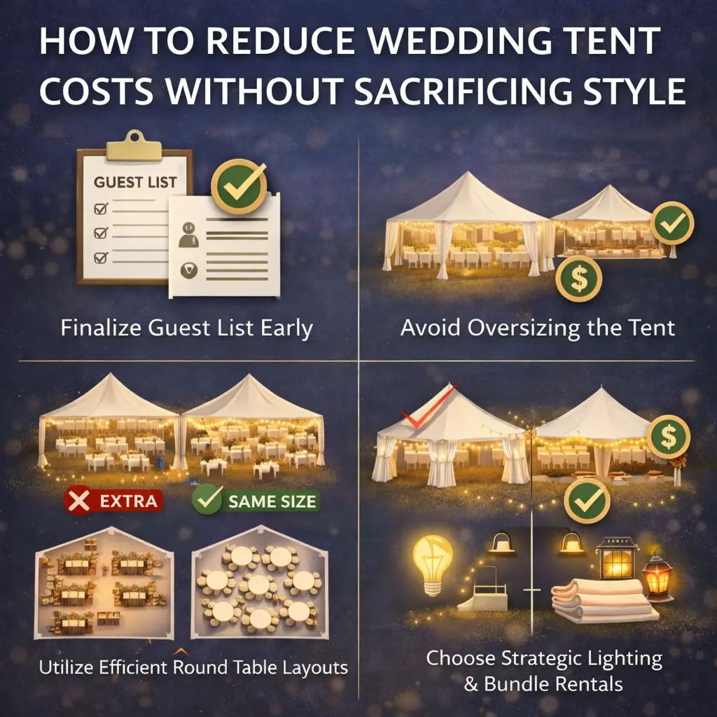A guide on reducing wedding tent costs with tips like finalizing the guest list early, avoiding oversizing the tent, utilizing round table layouts, and choosing strategic lighting and bundle rentals.