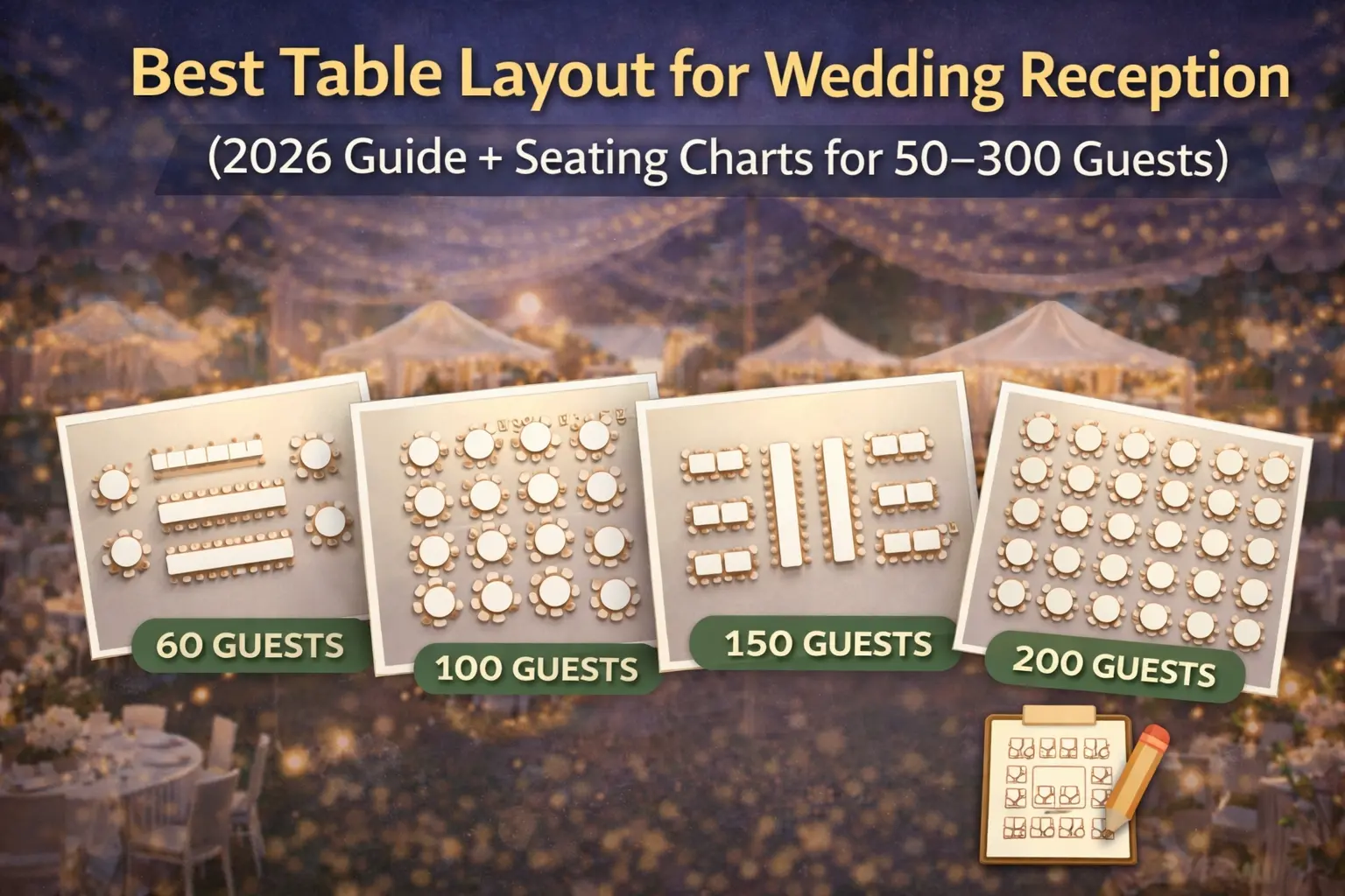 A visual guide showing various table layouts for wedding receptions with seating arrangements for 60, 100, 150, and 200 guests. The image includes a background of a beautifully lit wedding reception venue and offers a seating chart to help with event planning.