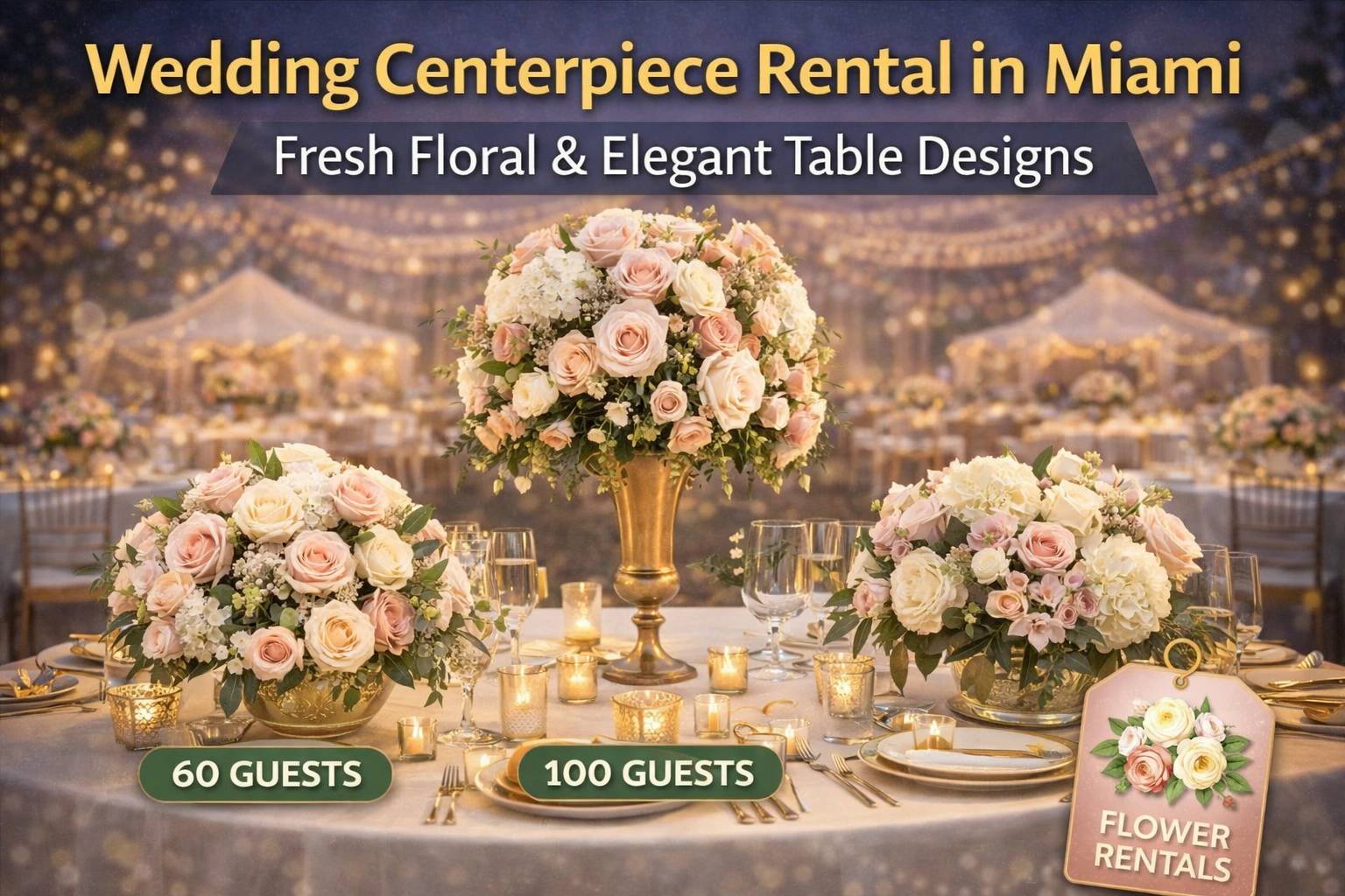 Beautiful wedding table with floral centerpieces for 60 and 100 guests, featuring fresh roses and elegant candlelight, perfect for a Miami wedding event.