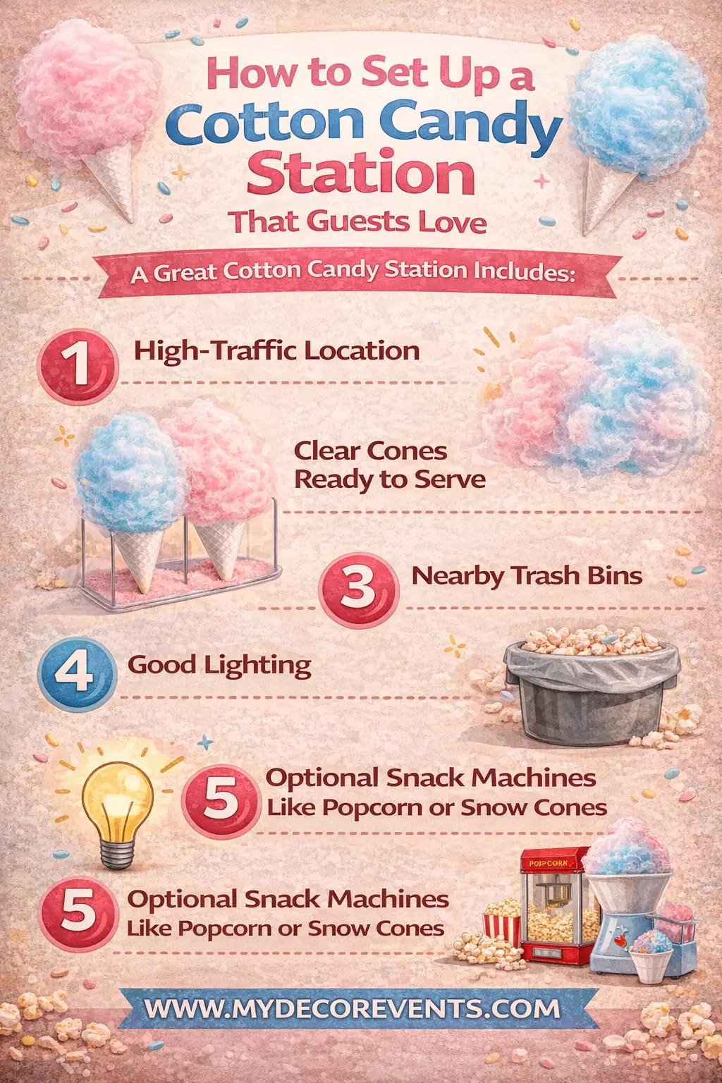 An infographic detailing how to set up a cotton candy station, including tips such as choosing a high-traffic location, using clear cones, ensuring good lighting, providing nearby trash bins, and offering optional snack machines like popcorn or snow cones.