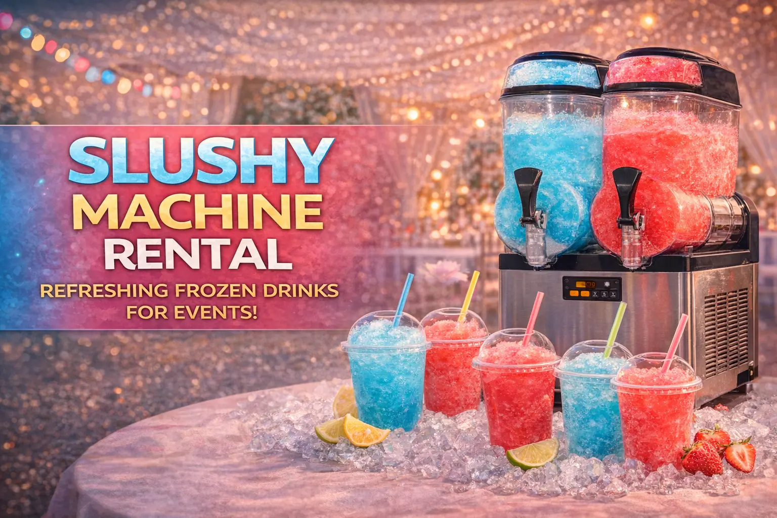 Slushy machine rental with blue and red frozen drinks served in cups on a table with ice, perfect for events.
