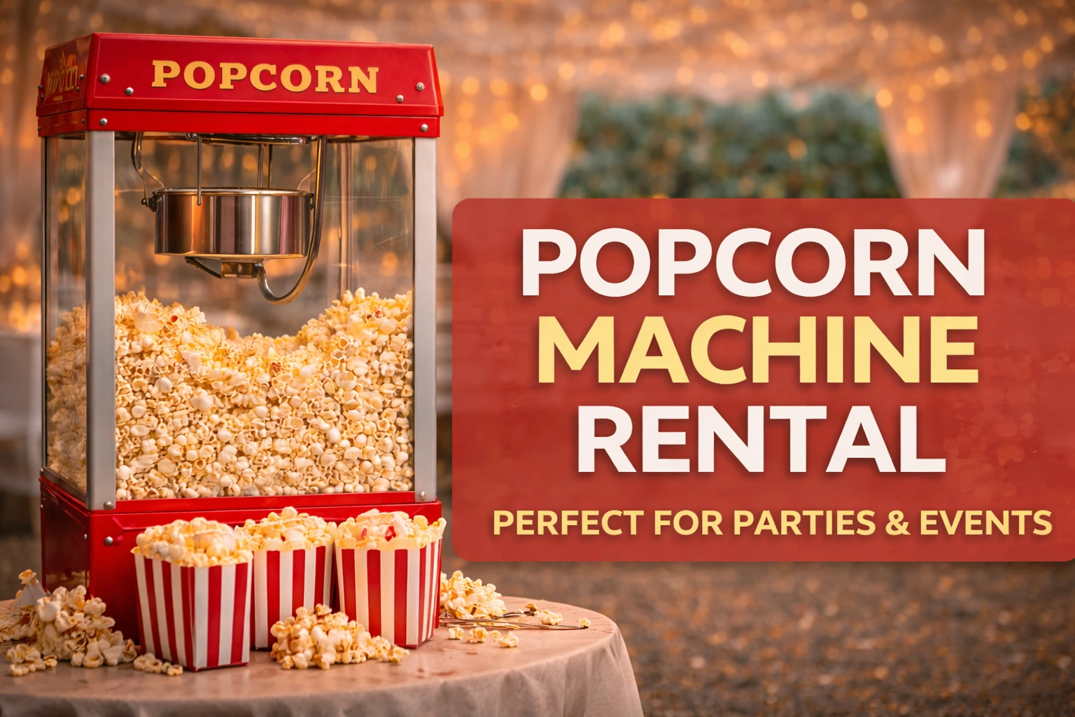 A classic red popcorn machine on a table with striped popcorn boxes, perfect for event rentals and party snacks.