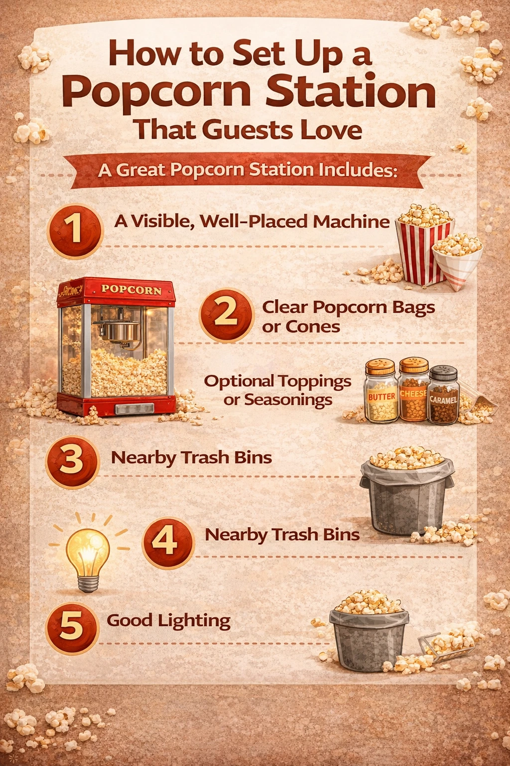 Infographic showing how to set up a popcorn station for events, including a visible popcorn machine, clear bags or cones, optional toppings, nearby trash bins, and good lighting.