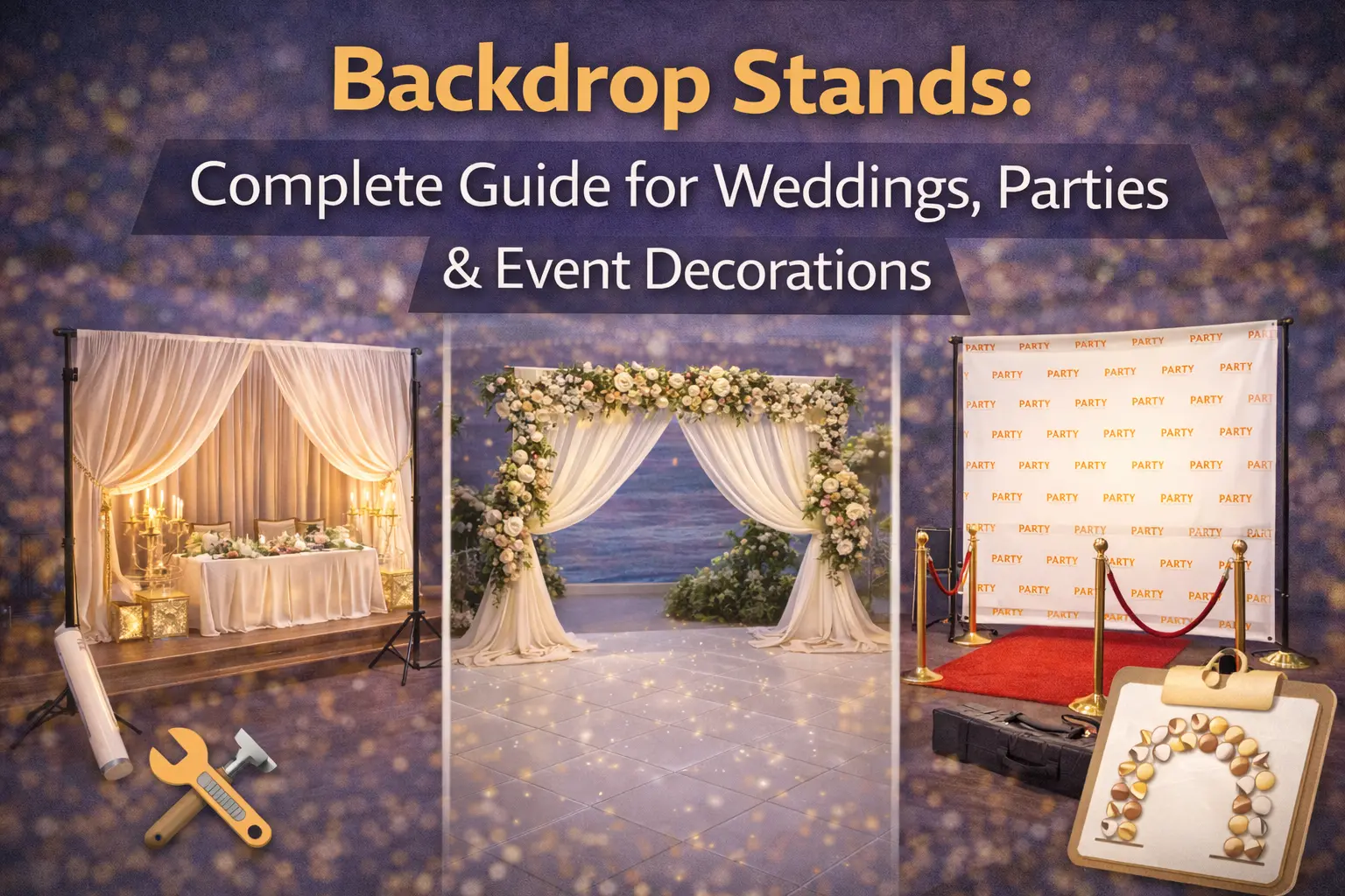 A guide to backdrop stands featuring elegant setups for weddings, parties, and event decorations. The image includes three examples: a wedding reception backdrop with candles, a floral archway for events, and a party photo booth backdrop with a red carpet and rope barriers.