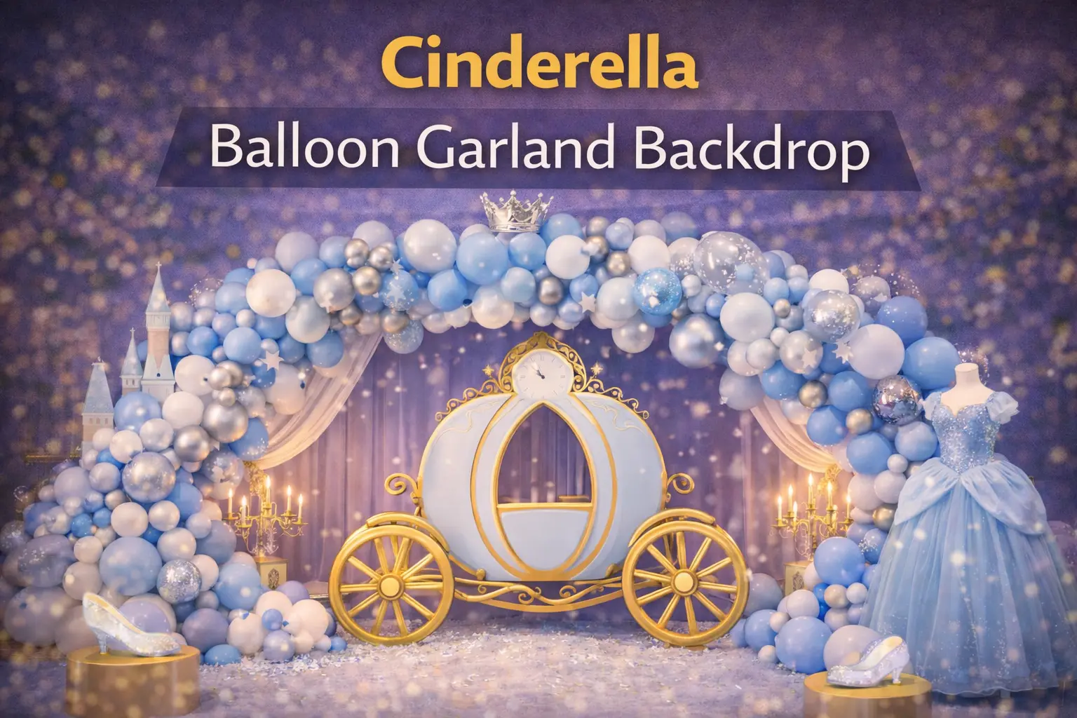 A Cinderella-themed balloon garland backdrop featuring a pastel blue, white, and silver balloon arch over a gold and white Cinderella carriage. A mannequin wearing a sparkling blue Cinderella gown stands to the right, and a glass slipper is displayed on a pedestal to the left. The scene is decorated with draped curtains, candelabras, and a starry purple background.
