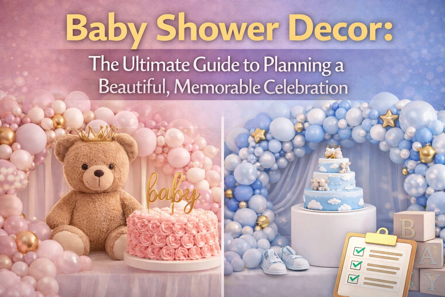 This image showcases the enchanting décor of a baby shower, with pastel-colored balloons, adorable teddy bears, and elegant cake designs. Perfect for planning a memorable celebration, it combines soft pinks and blues with delightful baby-themed touches, from teddy bear crowns to cloud-inspired cakes. A checklist adds an extra layer of organization to ensure every detail is covered for a beautiful event.