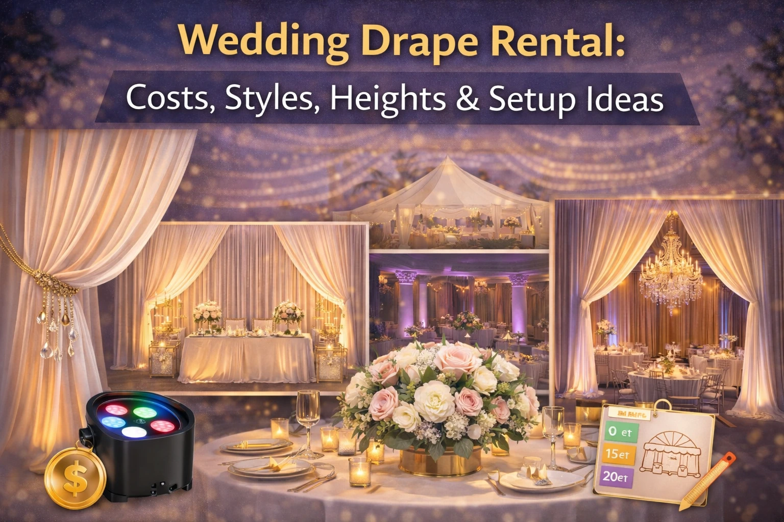A visual guide showcasing wedding drape rental setups, including costs, styles, heights, and setup ideas for elegant wedding receptions, featuring drapes, chandeliers, flowers, and lighting.