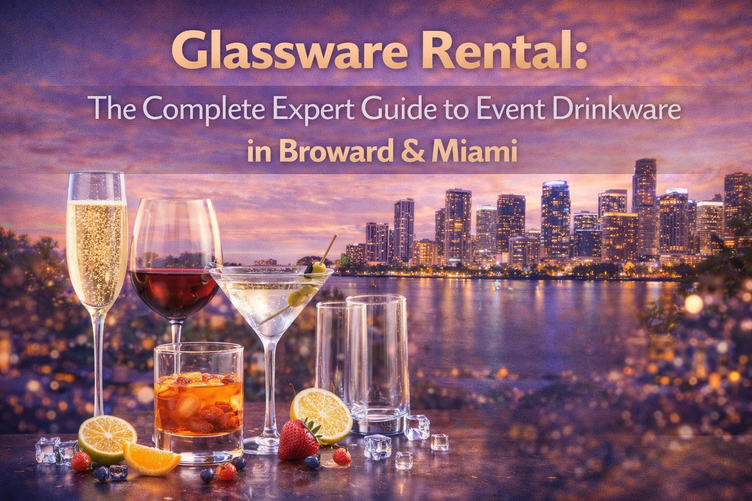 A variety of elegant drinkware, including champagne flutes, wine glasses, cocktail glasses, and whiskey tumblers, with a beautiful Miami skyline in the background. The image promotes glassware rental services for events in Broward and Miami.