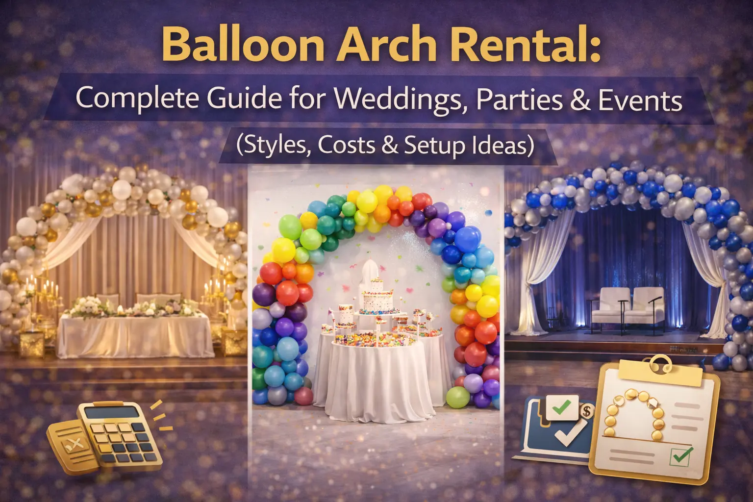 A guide to balloon arch rental services for weddings and events, featuring different styles and vibrant setups with balloons in various colors.