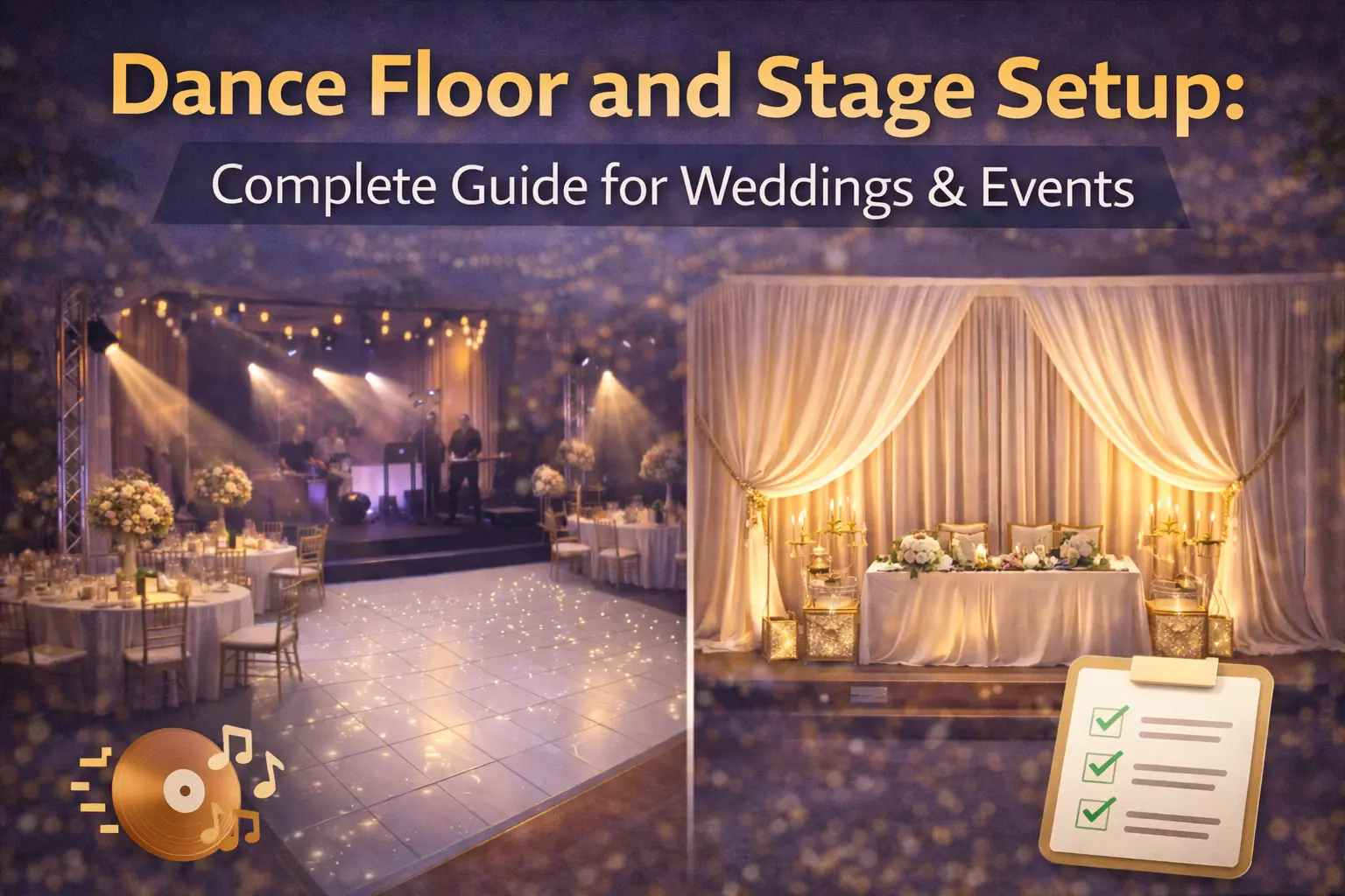 A guide to setting up dance floors and stages for weddings and events, showcasing elegant stage setups with ambient lighting and beautiful decor.