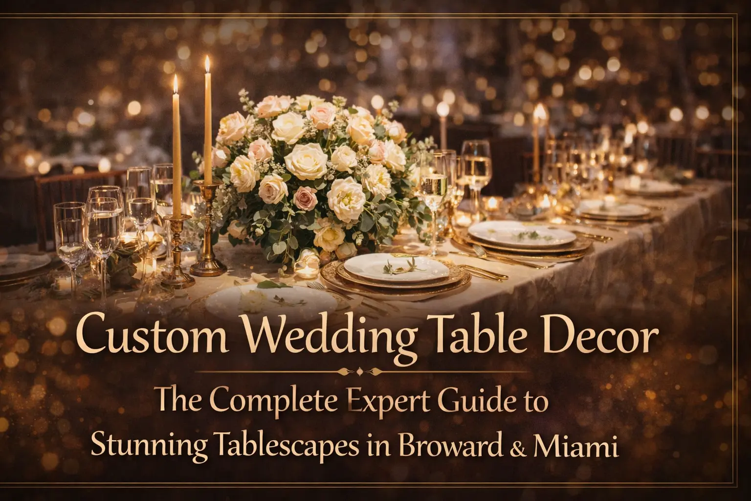 Elegant wedding table setting with candles, a beautiful flower arrangement, and fine glassware, showcasing a stunning custom tablescape design in Broward and Miami.