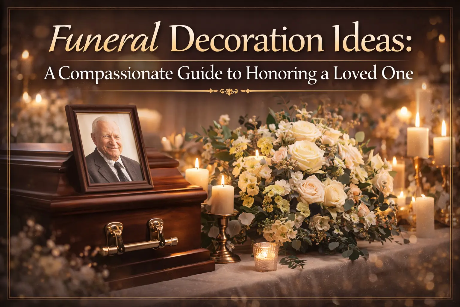A beautifully arranged funeral setting with a wooden casket, framed portrait of an elderly man, white and cream floral arrangements, and lit candles creating a warm, respectful ambiance.