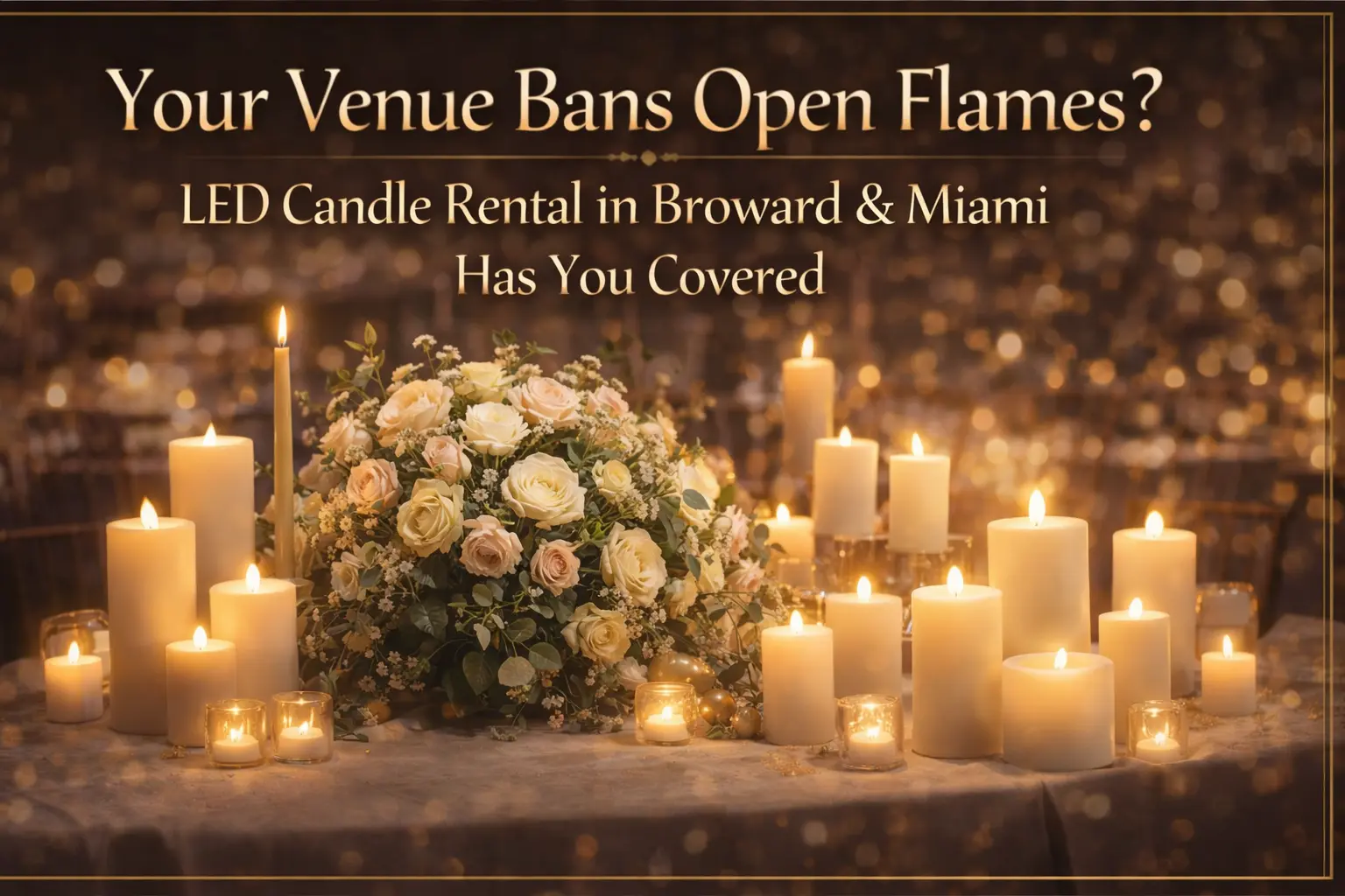 A table with multiple LED candles and a floral centerpiece, highlighting LED candle rentals in Broward and Miami for venues that ban open flames.