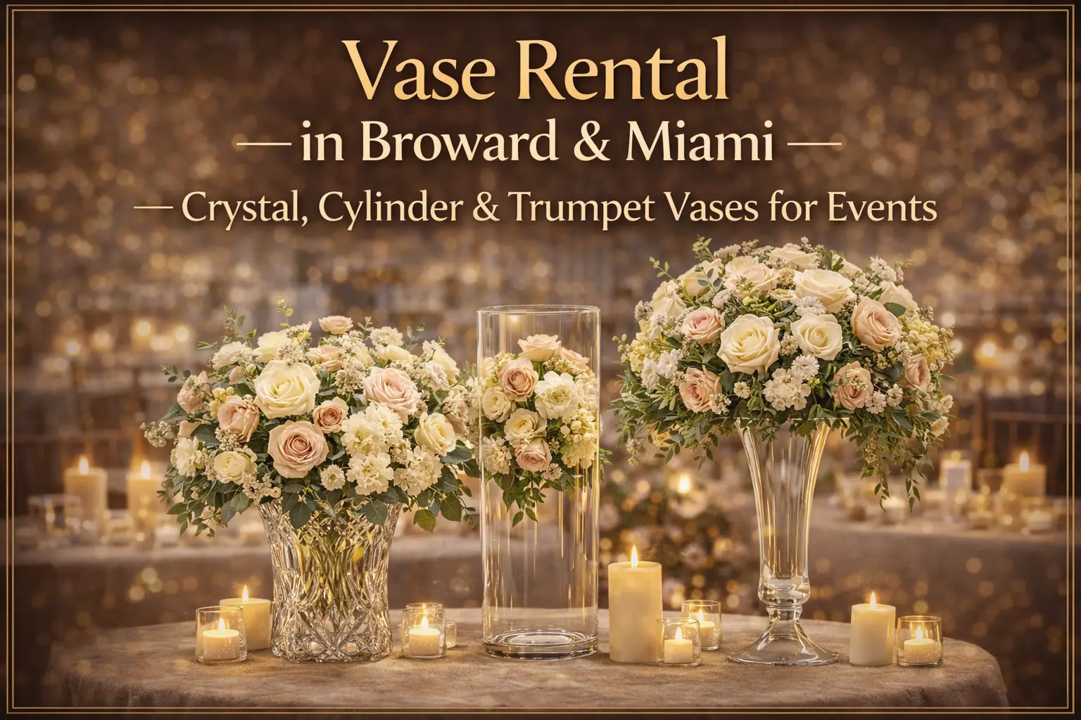 Three elegant floral arrangements in crystal, cylinder, and trumpet vases on a table surrounded by lit candles, advertising vase rentals in Broward and Miami for events.