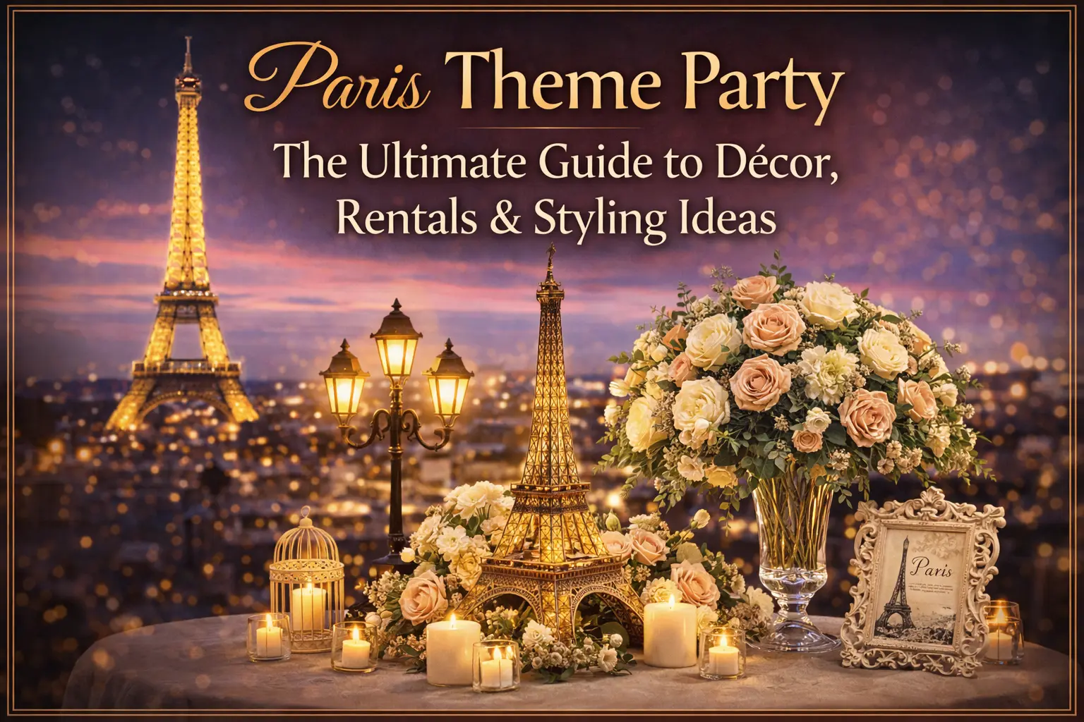 A Paris-themed table setup with a miniature Eiffel Tower, lit candles, and a large floral arrangement in a crystal vase, promoting décor, rentals, and styling ideas for Paris-themed parties.