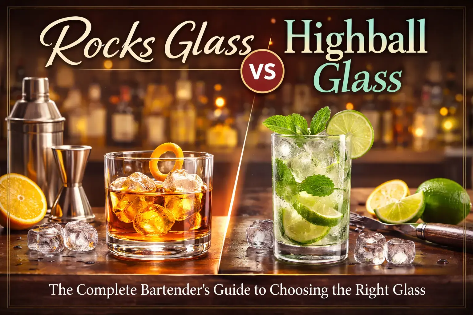 Side-by-side comparison of a rocks glass filled with whiskey and ice on the left, and a highball glass filled with a cocktail, ice, lime slices, and mint on the right, with bar tools and citrus garnishes in the background. Text reads “Rocks Glass vs Highball Glass – The Complete Bartender’s Guide to Choosing the Right Glass.