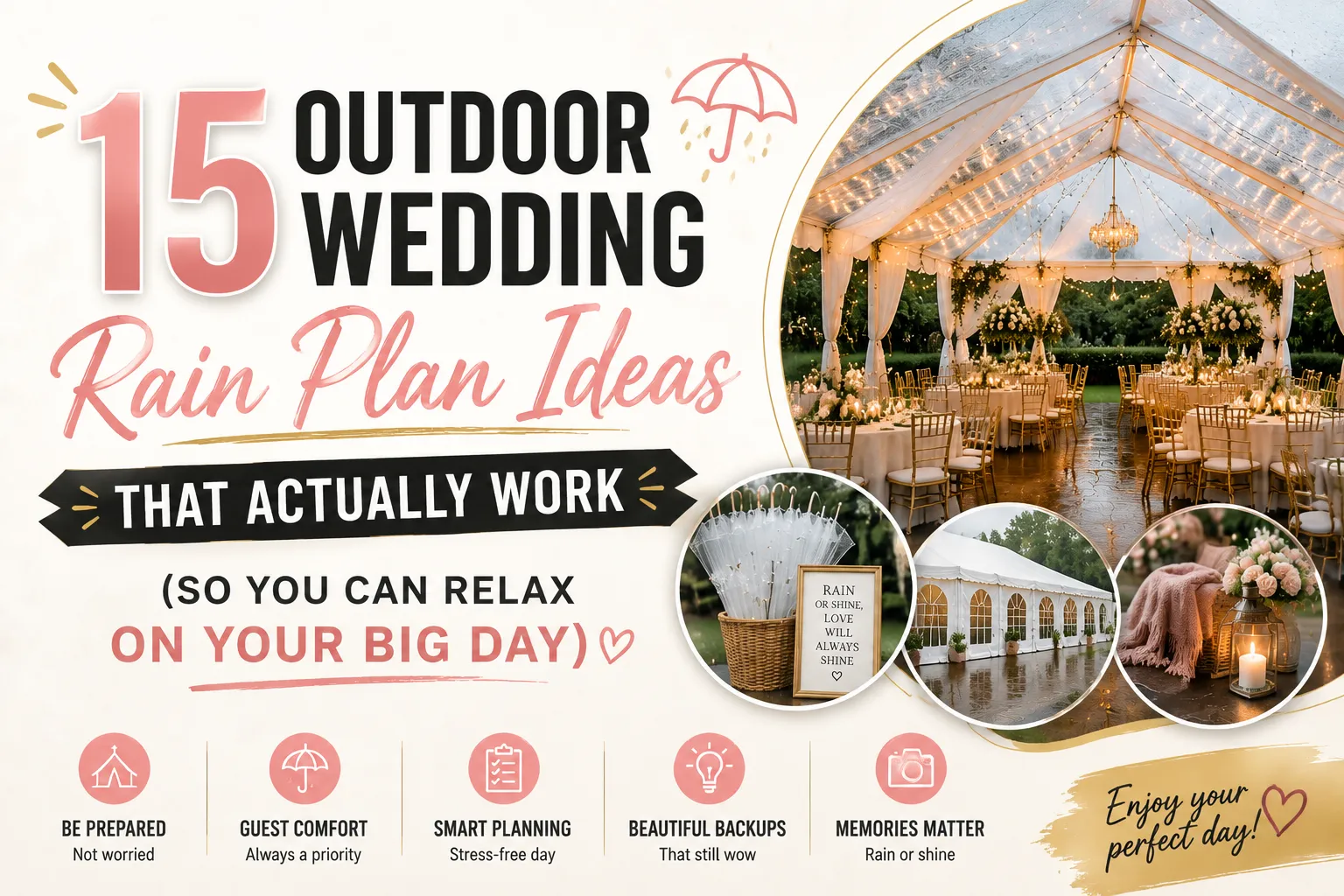 A vibrant wedding planning infographic titled "15 Outdoor Wedding Rain Plan Ideas That Actually Work." The main image shows a stunning clear-top event tent illuminated with chandeliers and string lights during a rainstorm, with reflections on the wet ground. Three circular inset photos show a basket of white umbrellas with a "Rain or Shine" sign, a white marquee tent with windows, and a cozy lounge setup with blankets and candles. Five icons at the bottom outline key strategies: Be Prepared, Guest Comfort, Smart Planning, Beautiful Backups, and Memories Matter.