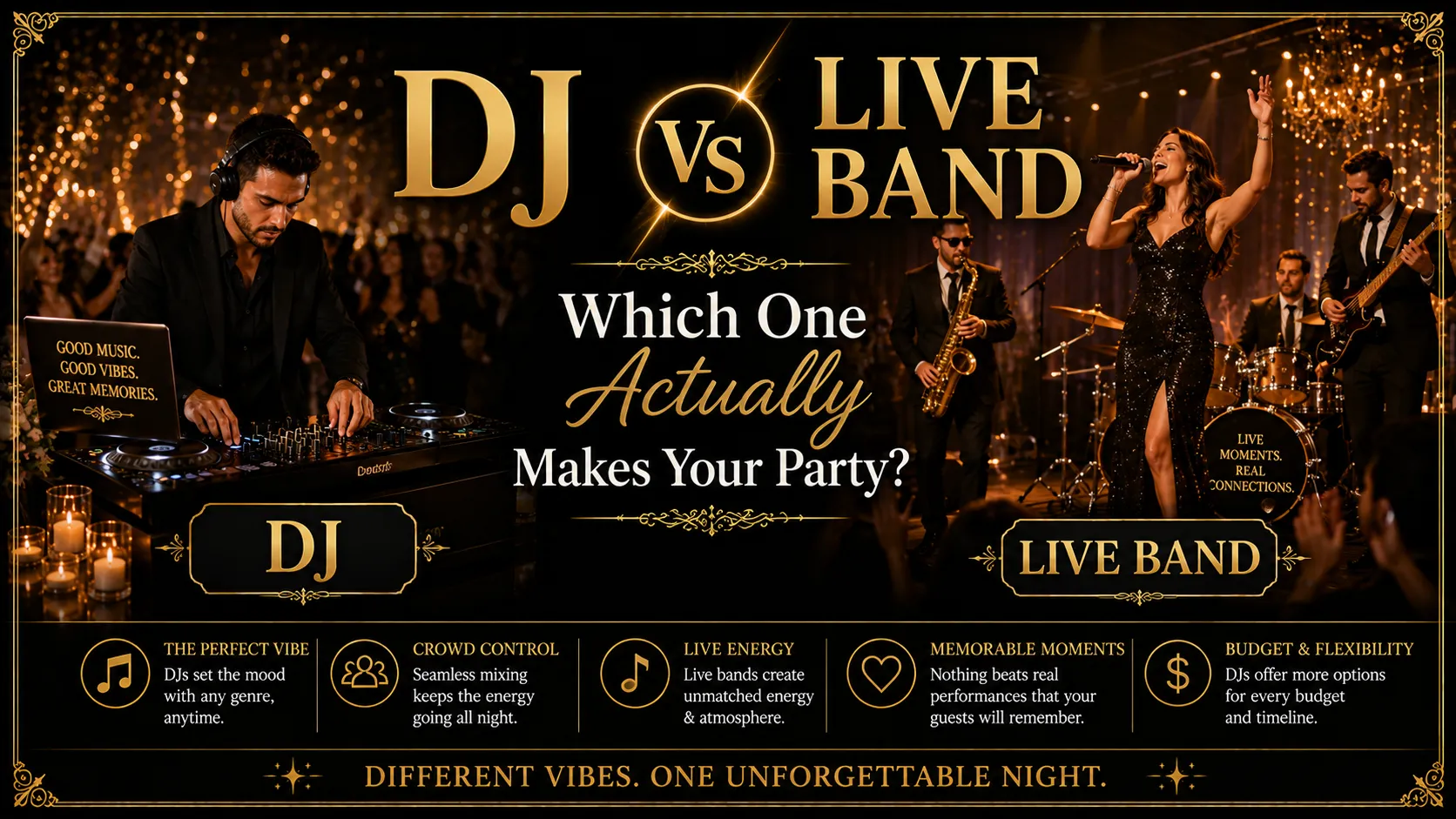 A visually striking comparison of a DJ and a live band at a party. On the left, a DJ mixes music on a console with candles nearby, emphasizing “Good music, good vibes, great memories.” On the right, a live band performs with a female lead singer, saxophonist, drummer, and guitarist, highlighting “Live moments, real connections.” The image showcases the advantages of each: DJs offer mood setting and crowd control, while live bands provide energy and memorable moments. The bottom tagline reads: “Different vibes. One unforgettable night.”