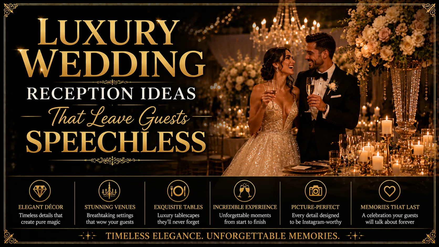 Bride and groom celebrating at a luxurious reception with candlelit tables and elegant floral arrangements. Text emphasizes elegant décor, stunning venues, exquisite tables, and unforgettable memories.
