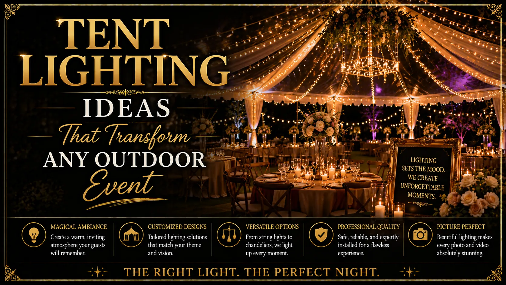 Elegant outdoor event setup under a large tent with warm string lights and chandeliers creating a magical ambiance. Round tables are decorated with floral centerpieces and candles. A framed sign reads, “Lighting sets the mood. We create unforgettable moments.” Icons at the bottom highlight benefits: magical ambiance, customized designs, versatile options, professional quality, and picture-perfect lighting for photos and videos. Text emphasizes transforming any outdoor event with the right lighting.