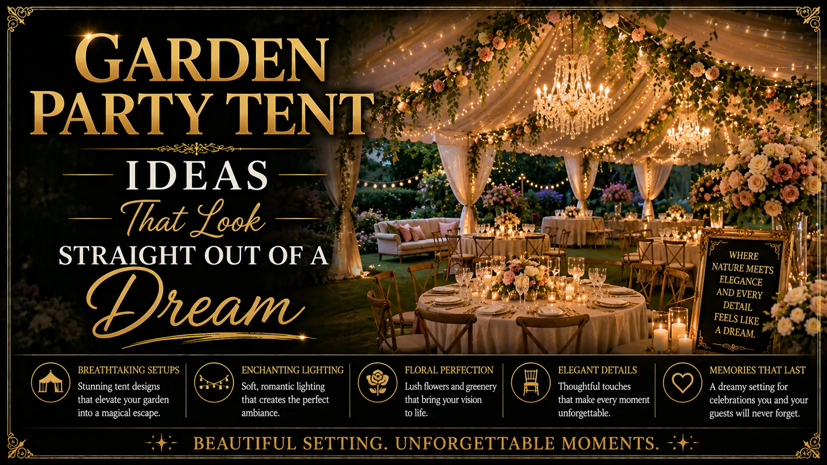 Luxurious garden party tent featuring chandeliers, soft string lights, round tables with floral centerpieces, candles, and draped fabric, creating a dreamy and elegant outdoor celebration setting.