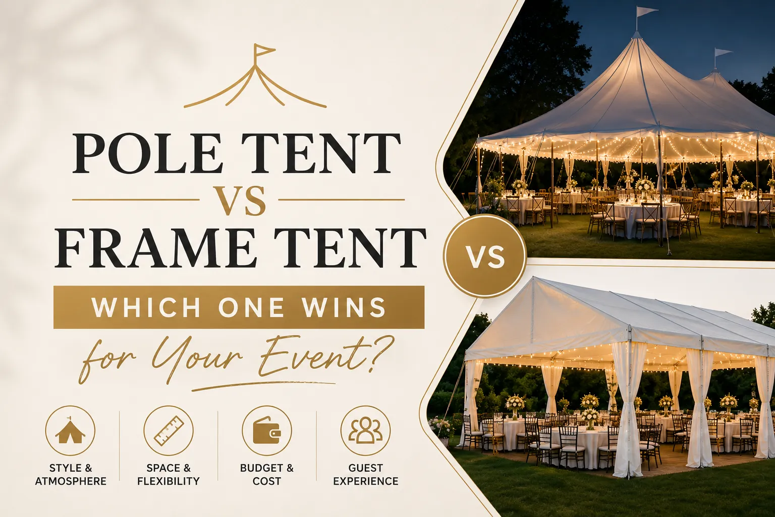 A side-by-side comparison graphic titled "Pole Tent vs Frame Tent: Which One Wins for Your Event?" featuring two elegantly lit outdoor event tents at night. The top image shows a peaked Pole Tent with high center poles and draped string lights over round dinner tables. The bottom image displays a Frame Tent with a clear, open interior and a structured metal frame. Four icons below the text highlight comparison points: Style & Atmosphere, Space & Flexibility, Budget & Cost, and Guest Experience.