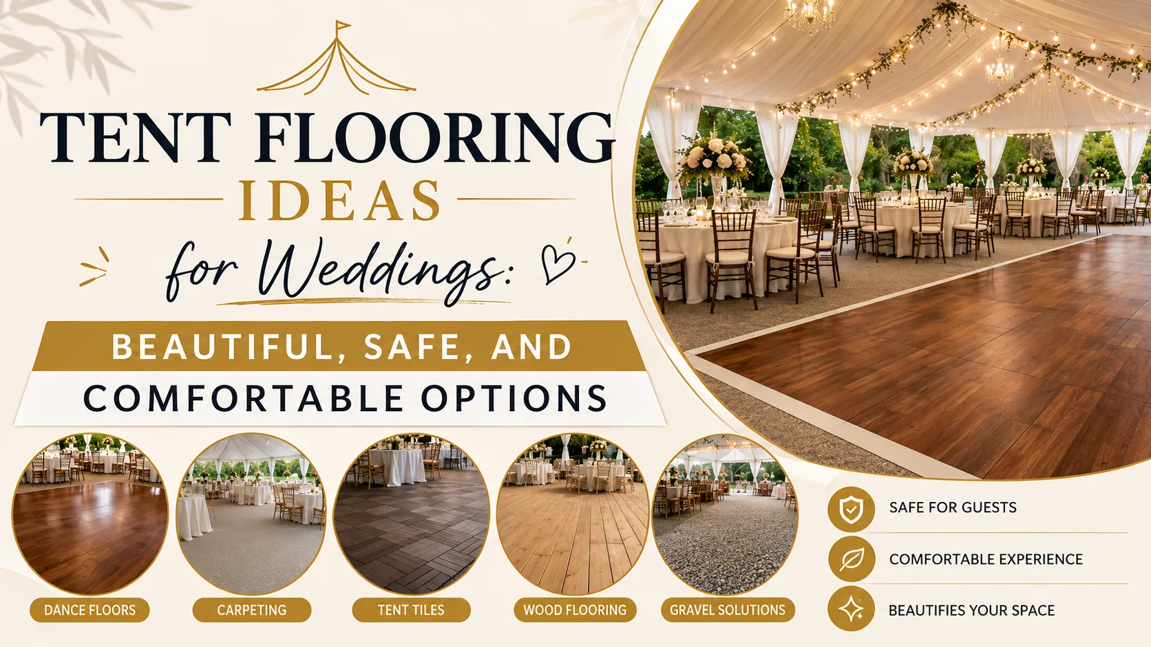 A comprehensive infographic titled "Tent Flooring Ideas for Weddings: Beautiful, Safe, and Comfortable Options." The main visual features a luxury white event tent with a polished wood dance floor and carpeted dining area under elegant string lights. Five circular insets at the bottom showcase specific flooring types: Dance Floors (polished wood), Carpeting (neutral tones), Tent Tiles (dark interlocking squares), Wood Flooring (natural planks), and Gravel Solutions (crushed stone). On the right, three icons emphasize the benefits: Safe for Guests, Comfortable Experience, and Beautifies Your Space.