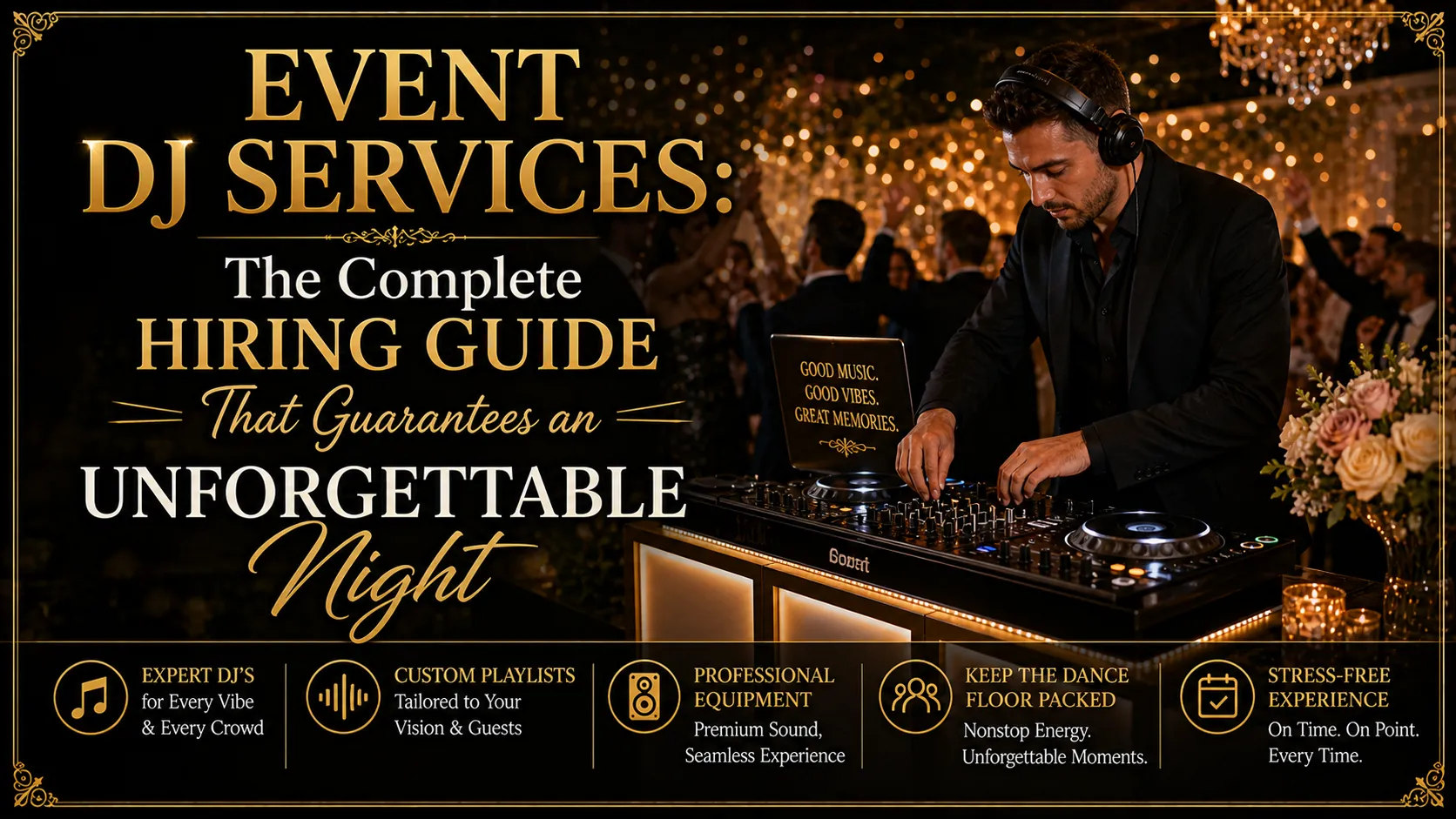 A horizontal infographic and marketing image with a gold and black theme, divided into a large text area and an image of a professional male DJ at an event. The large text on the left, in gold fonts, reads: "EVENT DJ SERVICES: The Complete HIRING GUIDE That Guarantees an UNFORGETTABLE Night." On the right, a sharply dressed male DJ with headphones is actively mixing on an illuminated controller with a laptop. A dense crowd is visible in the background, dancing under warm string lights, and a table has a large floral centerpiece. Below the main image and text is a black bar with five small, gold-outlined icons and text pillars: "EXPERT DJ'S for Every Vibe & Every Crowd," "CUSTOM PLAYLISTS Tailored to Your Vision & Guests," "PROFESSIONAL EQUIPMENT Premium Sound, Seamless Experience," "KEEP THE DANCE FLOOR PACKED Nonstop Energy, Unforgettable Moments," and "STRESS-FREE EXPERIENCE On Time. On Point. Every Time." The entire image is framed by a decorative gold border.