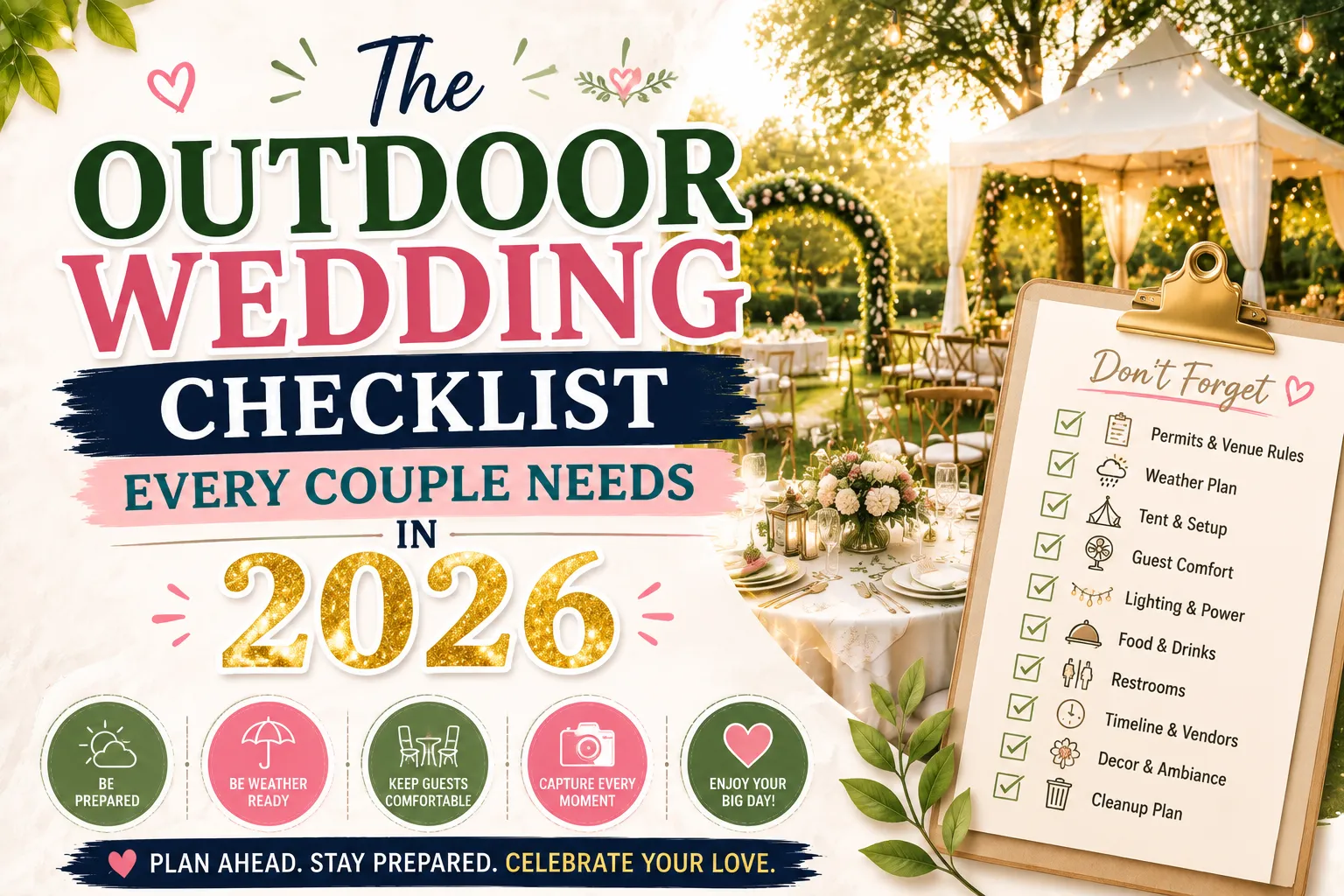 A comprehensive graphic titled "The Outdoor Wedding Checklist Every Couple Needs in 2026." The left side features bold text highlighting 2026 wedding planning. The right side shows a clipboard titled "Don't Forget" with a checked-off list including Permits, Weather Plan, Tent, Guest Comfort, Lighting, Food, Restrooms, Timeline, Decor, and Cleanup. The background features a beautifully decorated outdoor wedding reception with a floral arch, white tent, and tables set in a sunlit garden.