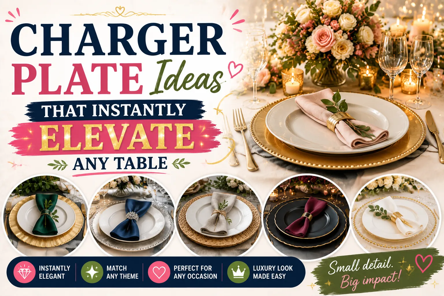 Elegant dining table styling featuring luxury charger plates with neatly folded napkins, gold cutlery, and floral centerpieces, showcasing different color and design ideas for formal and festive table décor that instantly elevate any dining setup.